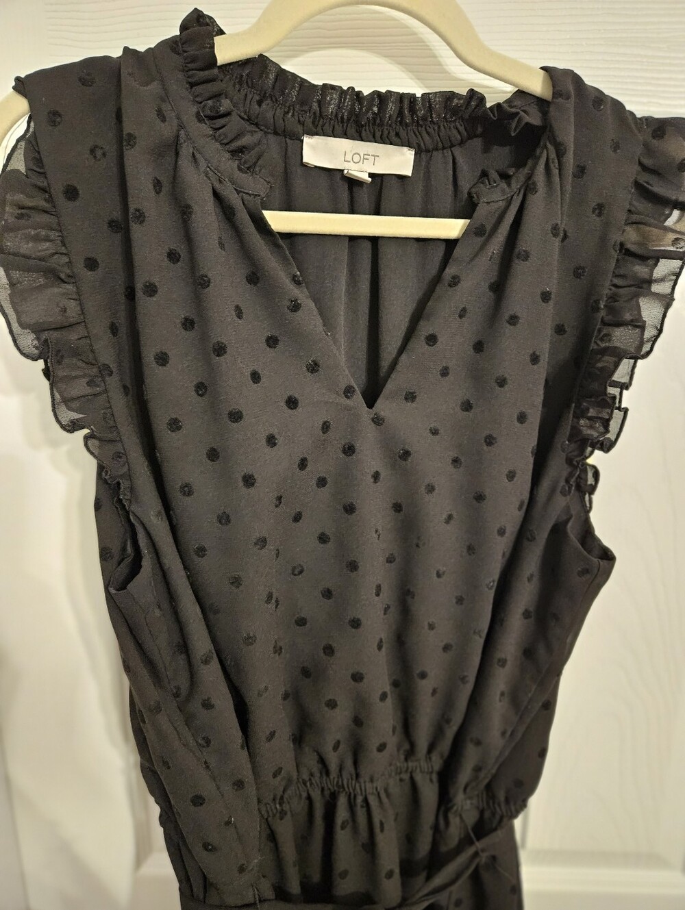 LOFT Black Polka Dot Ruffle-Sleeve V-Neck Dress